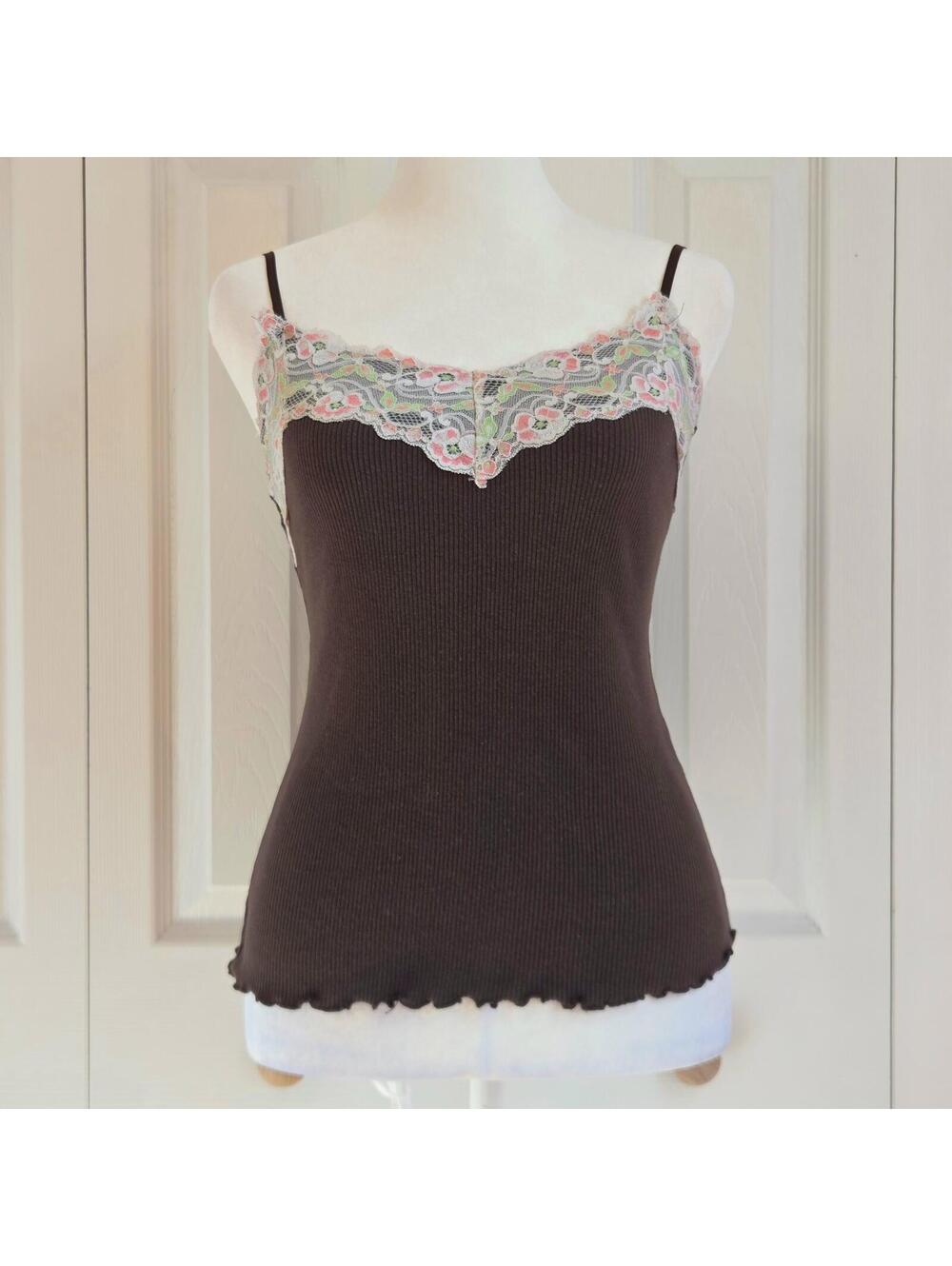 Vintage Y2K Brown Lace Trim Cami Top Size S Fairy Twee Coquette Floral Tank